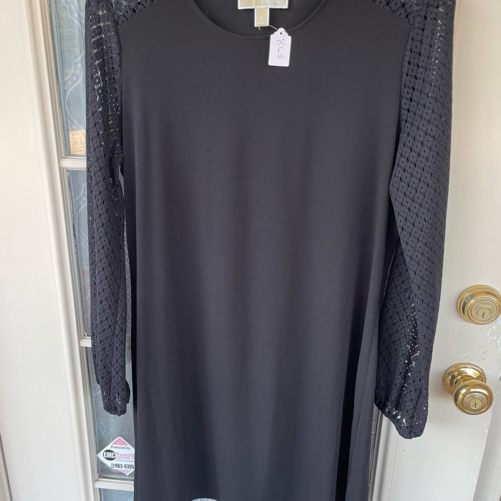 Michael Kors XL Black Dress Lace Sleeves Gold Logo Detail 🖤✨